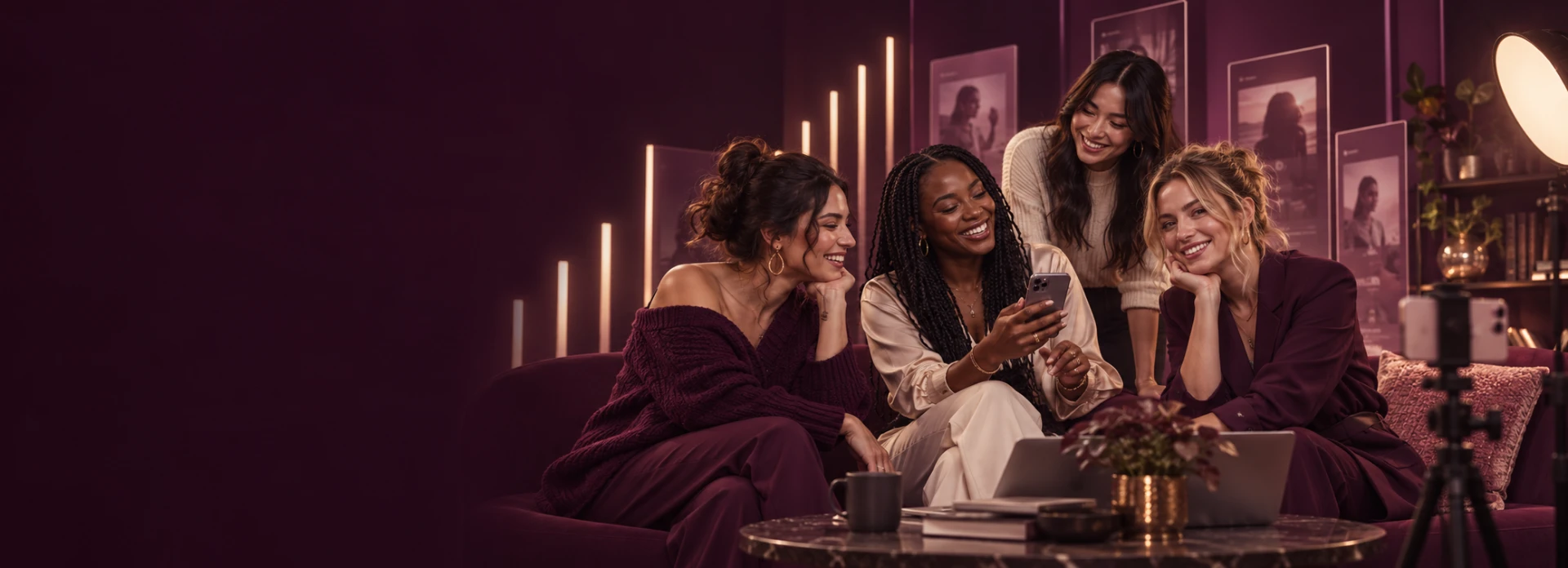 Women creators sharing a moment together in a plum studio