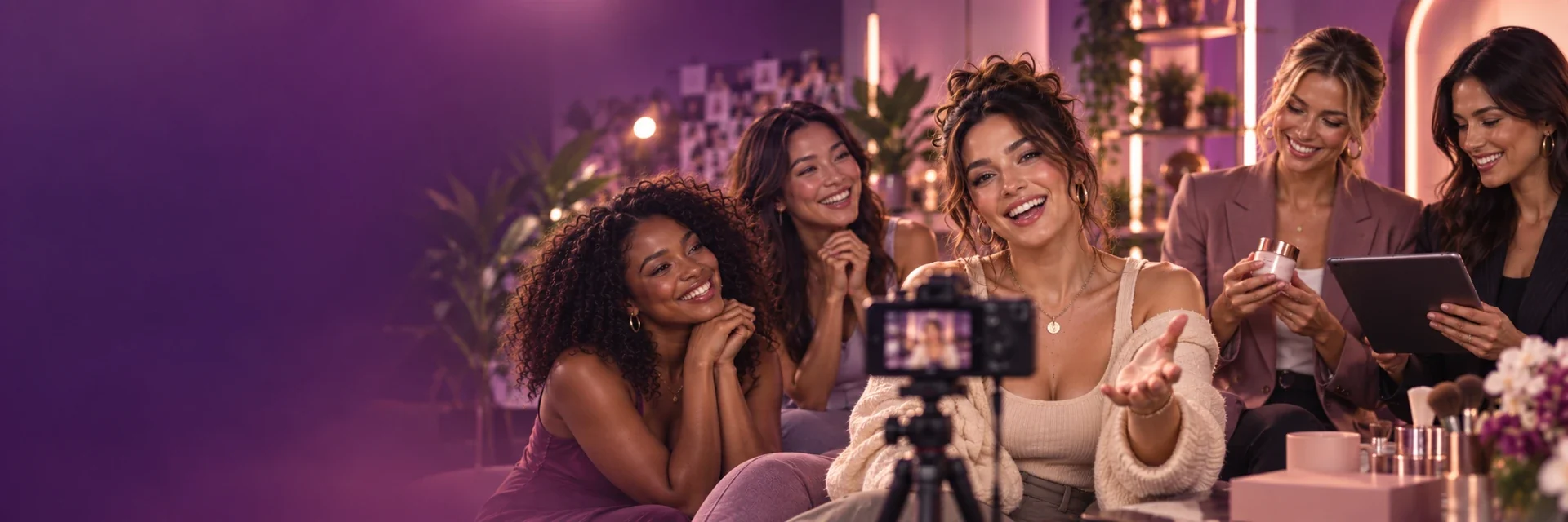 A diverse group of creators and brand professionals gathered around a camera in a warmly lit WMV studio.