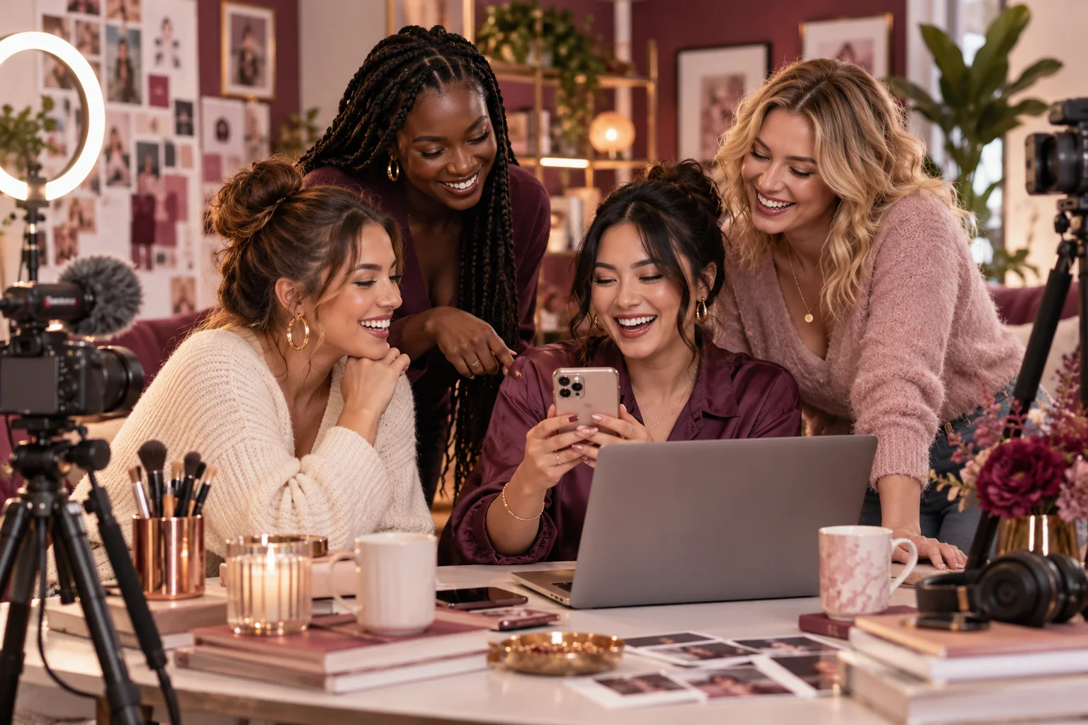 Four diverse women creators reviewing content together in a warm studio