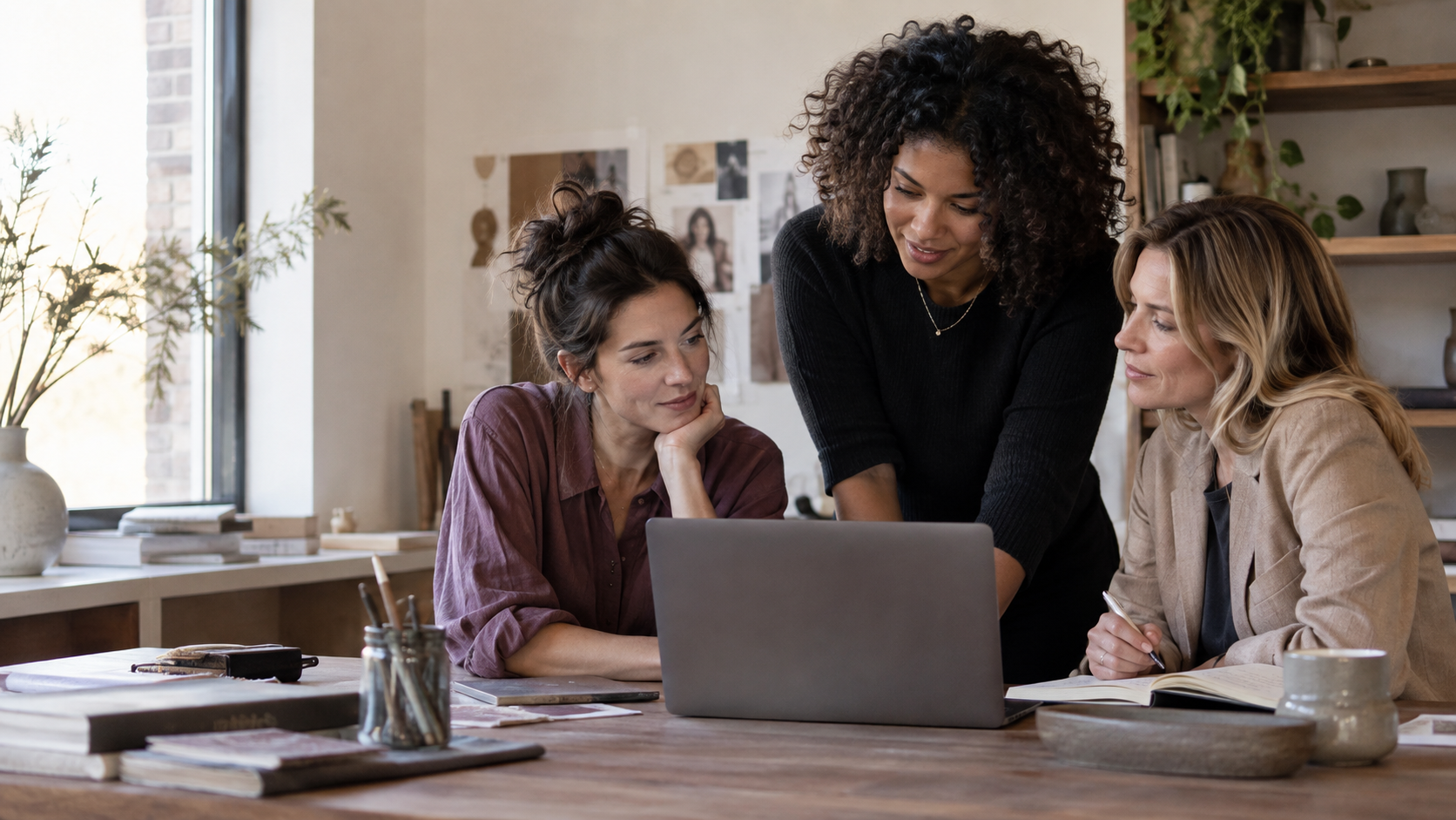WMV team members collaborating around a laptop